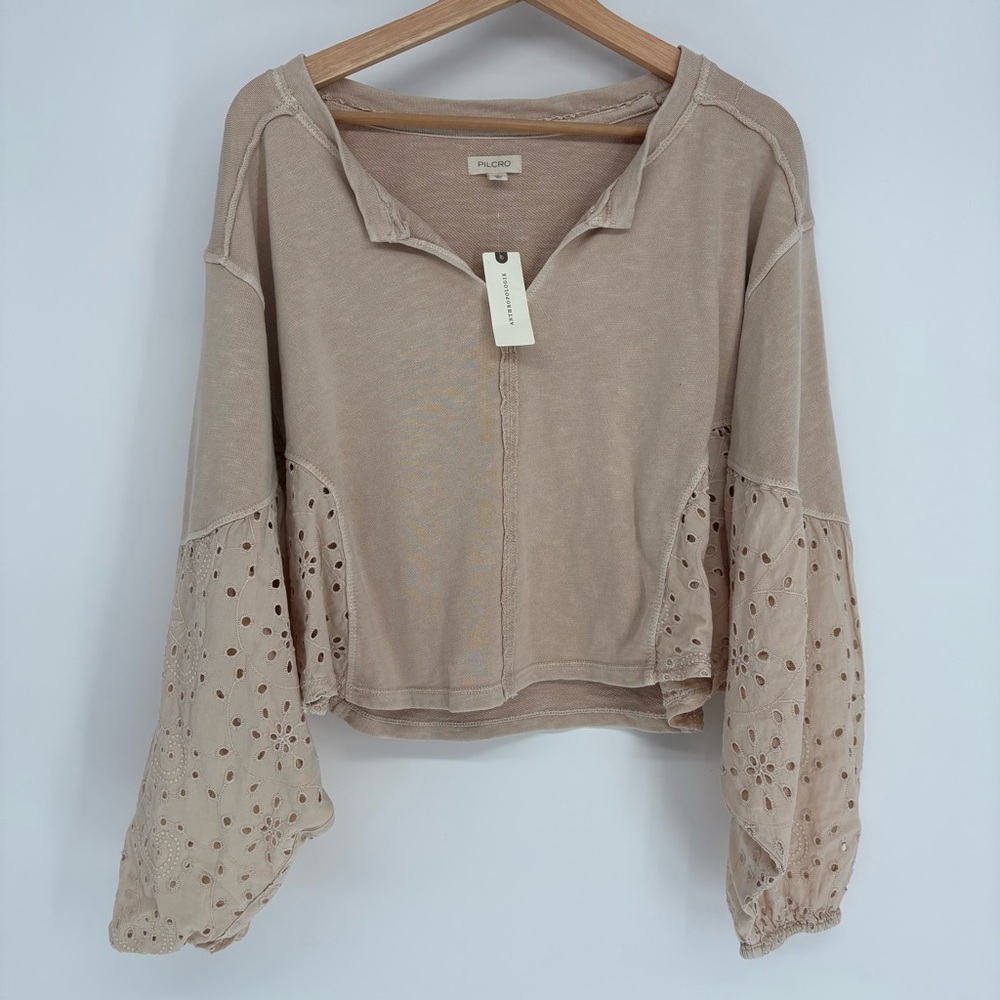 Anthropologie Blouse Cream Eyelet Bubble Sleeve V Neck Pilcro Size M